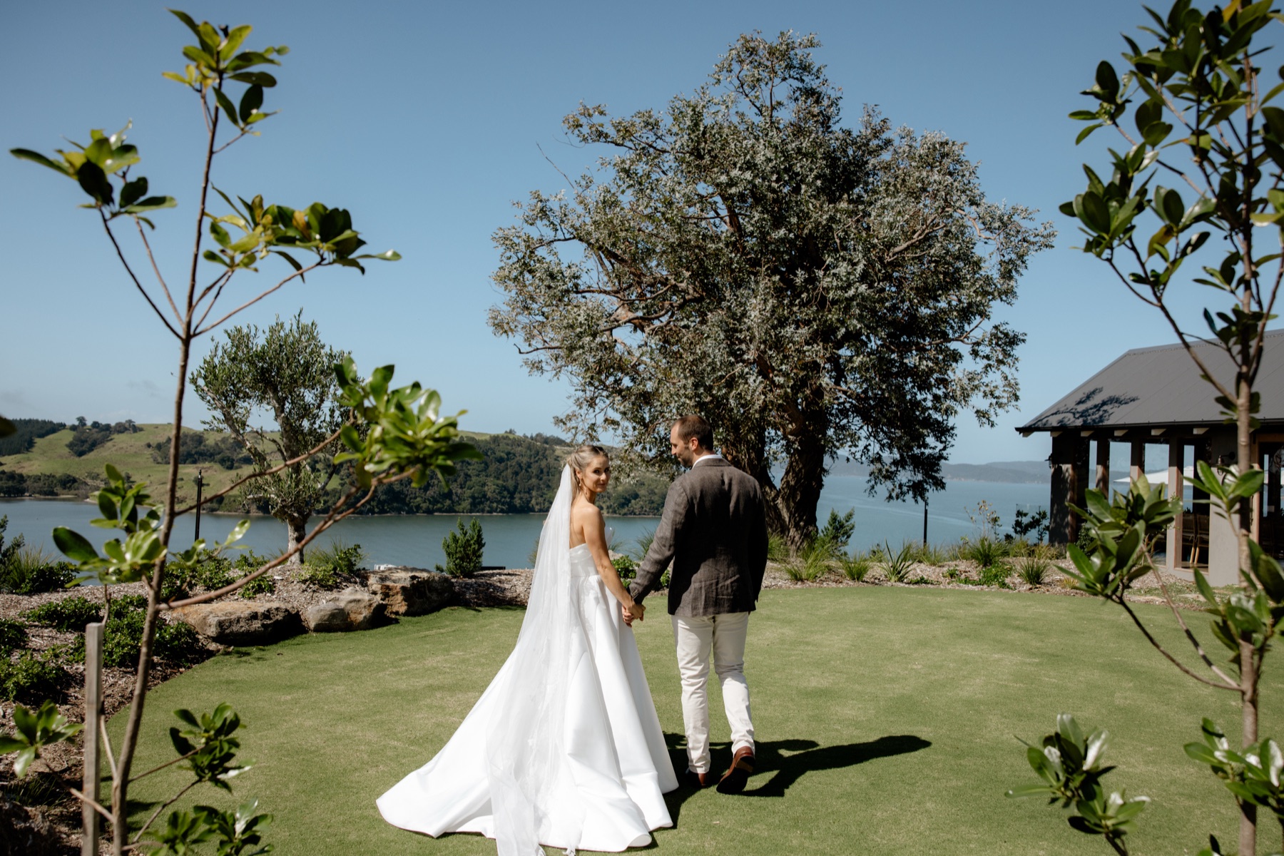 A bride and groom walking hand in hand across the lawn at Bluestone Ridge towards the Cookhouse, the bride looking back over her shoulder, an old tree and the Gulf behind.